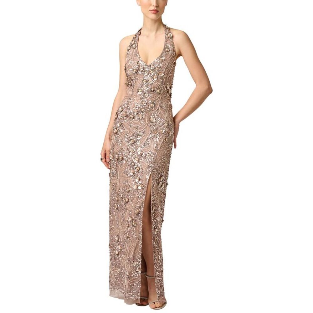 Aidan Mattox Womens Beaded Halter Long Dress